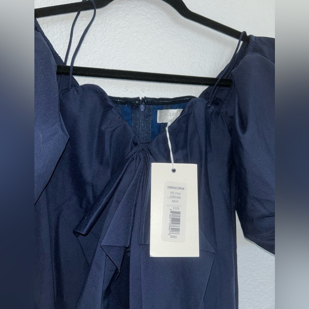CAROLINE CONSTAS Iconic Palmer Reyna Dress Strapless in Navy Puffy sleeves - Picture 9 of 9